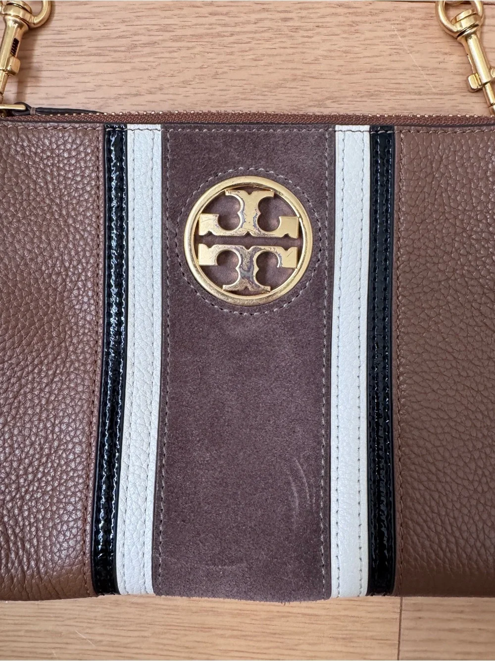 Tory Burch Carson Brown Leather Crossbody with White and Black Stripe